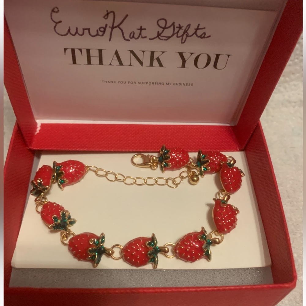 Red Strawberry Charm Tennis Bracelet with Lobster Clasp Beautiful NEW